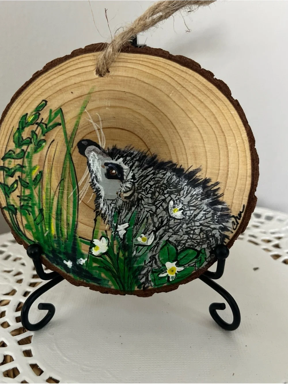 Hand Crafted Green & Gray Woodland Hedgehog Wood Ornament